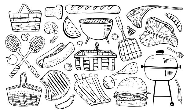 illustrations, cliparts, dessins animés et icônes de ensemble d’objets de pique-niquer, grill et barbecue. illustration de croquis de vecteur de contour - sandwich sketch cartoon line art