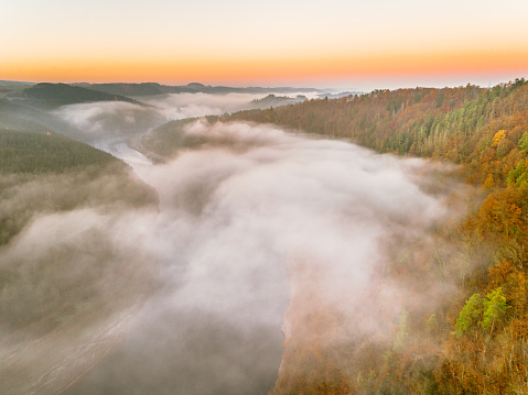 Beautiful autumn morning on the view point above the deep forest valley in Carpathian, Slovakia