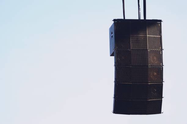 Hifi black loud speaker box in close up.Professional audio equipment for dj,musician,party. High quality sound recording studio equip.Focus on hi-fi diffuser bullet in wood cabinet box.