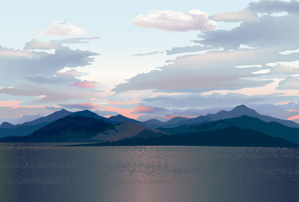 illustrations, cliparts, dessins animés et icônes de skyline de bord de mer. coucher de soleil de mer. paysage de montagne et de collines. horizon rural. fond de vue de station de lac lagoon - riverbank