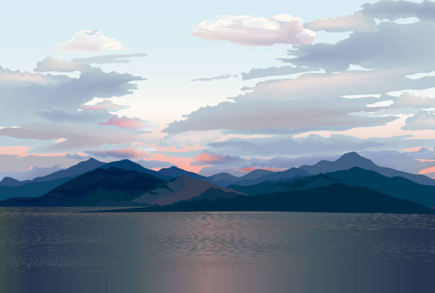 Seaside skyline. Sea sunset. Mountain and hills landscape. Rural skyline. Lake Lagoon resort view background Seaside skyline. Sea sunset. Mountain and hills landscape. Rural skyline. Lake Lagoon resort view background panoramic stock illustrations