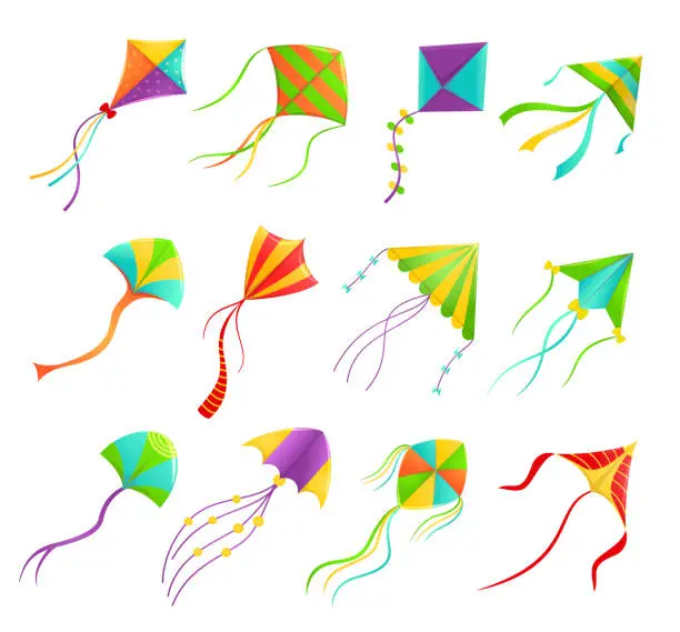 Vector illustration of Festival flying kites bright set, wind fun