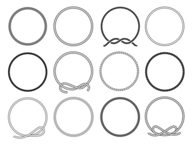 Round rope set, twisted round pattern for decoration Round rope set, twisted round pattern for decoration. Collection of loops. Vector flat style cartoon illustration isolated on white background circle borders stock illustrations