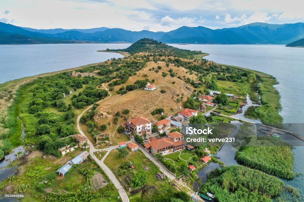 aerial view of island of Agios Achilios in lake Small Prespes, Northern Greece Ancient Stock Photo