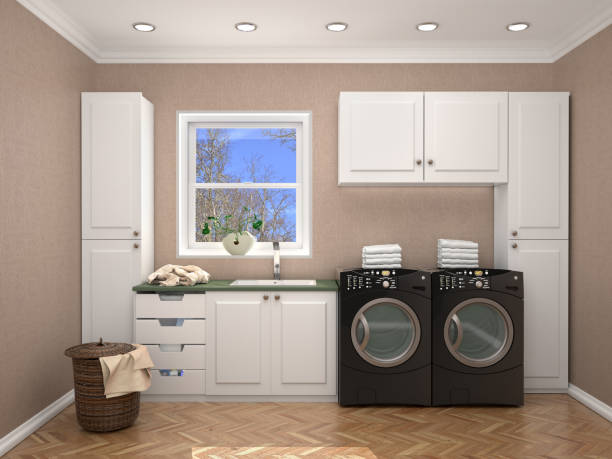 istock Laundry room design with washing machine. 3d illustration 1143045743