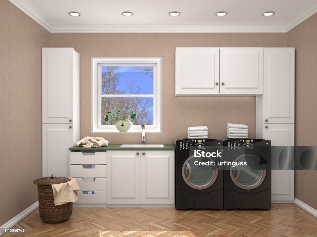 Laundry room design with washing machine. 3d illustration Washing Machine Stock Photo