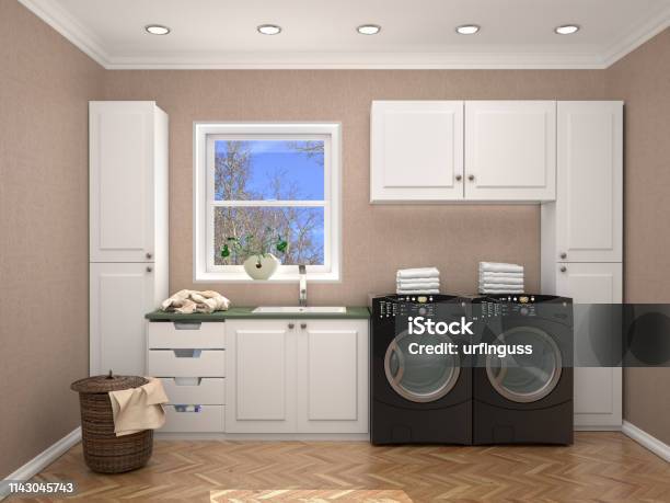 Laundry Room Design With Washing Machine 3d Illustration Stock Photo - Download Image Now