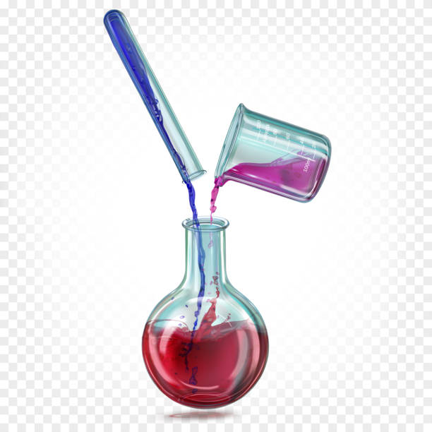 Laboratory glass flask, test tube and сhemical beaker with a transparent iridescent colored liquid. Vector illustration Laboratory glass flask, test tube and сhemical beaker with a transparent iridescent colored liquid. Vector illustration beaker pour stock illustrations