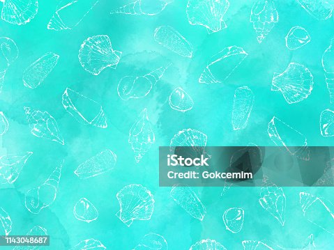 istock Hand Drawn White Sea Shells with Watercolor Turquoise Blue Abstract Background. Shells Vector Background, Tropical Background, Tropical Design Element, Summer Concept, Coastal Background. 1143048687