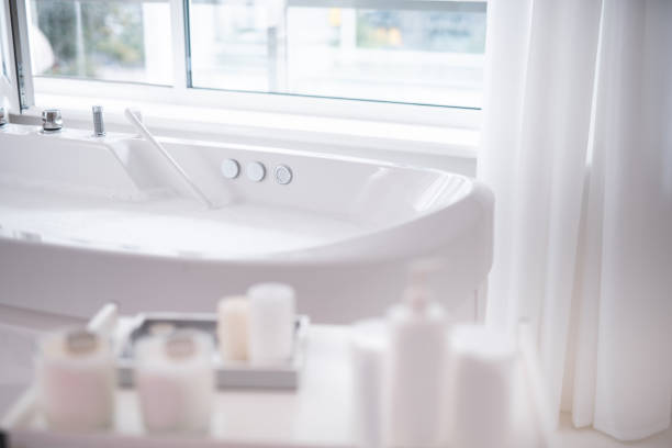 Clawfoot bathtub, basin and toilet in the bright and spacious bathroom of a contemporary home