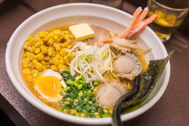 Top view of corn ramen soup with Scallop stock photo