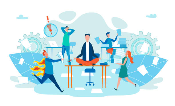 Deadline in Work Stress for Body Cartoon Flat. Deadline in Work Stress for Body Cartoon Flat. Office Worker Meditates While Sitting Desk. Man Runs with Burning Back. Men and Women Manager Carry Pile Documents. Vector Illustration. professional runner stock illustrations