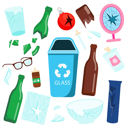 Waste sorting. Glass garbage. Bottles, mirror, broken things and other trash icons.