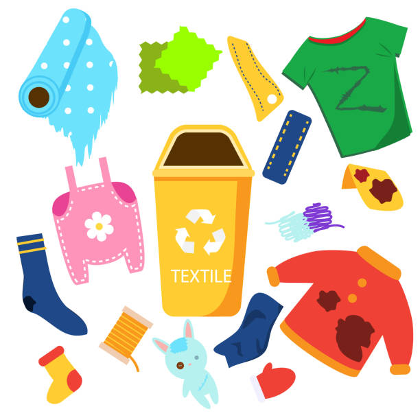 Waste sorting. Textile garbage. Clothes, toys, fabric and other trash icons. Waste sorting. Textile garbage. Clothes, toys, fabric and other trash icons. utilize stock illustrations