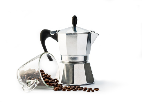 Moka Coffee Pot Espresso Glass And Coffee Beans Stock Photo - Download  Image Now - Coffee - Drink, Cup, Glass - Material - iStock