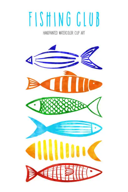 Vector illustration of Set of Watercolor Red, Orange, Yellow, Turquoise, Blue and Green Fishes Isolated on White Background. Tropical Background, Tropical Design element, Summer Concept, Coastal Background.