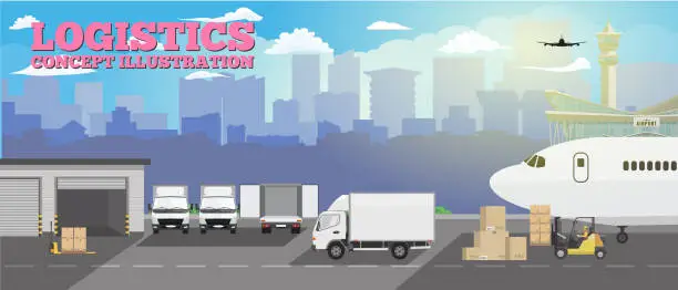 Vector illustration of Modern creative delivery and shipping logistics service in business and freight cargo concept illustration. Flat color Vector.