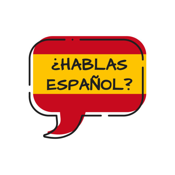 illustrazioni stock, clip art, cartoni animati e icone di tendenza di hablas espanol - parli spagnolo, bolla con bandiera spagna - spanish culture