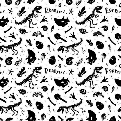 Dinosaur skeleton and fossils. Vector seamless pattern. Original design with t-rex, dinosaur bones, stones, traces, plants and eggs. Print for T-shirts, textiles, web. White background.