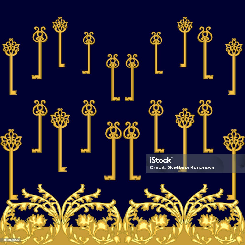 Elegant dress border with baroque motifs. Golden keys and floral ornaments on contrast background. Vintage textile collection. Abstract stock vector