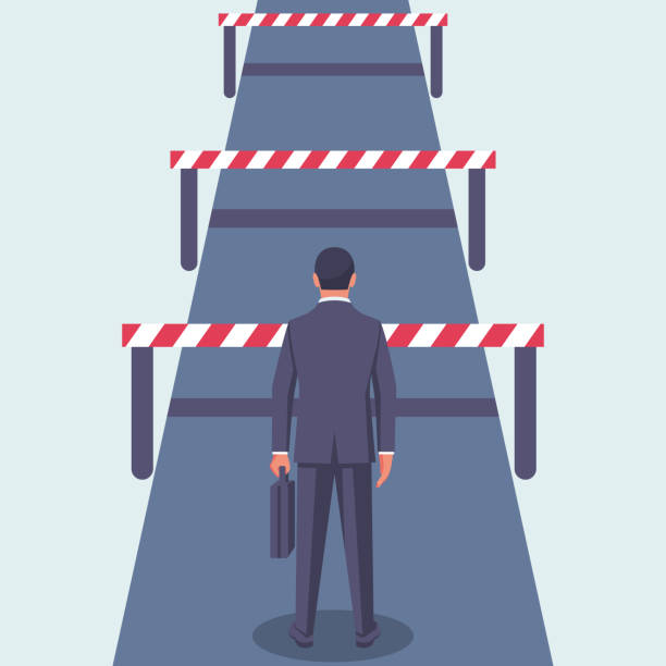 Conquering adversity. Hurdle on way concept. Conquering adversity. Hurdle on way concept. Businessman obstacle metaphor. Overcoming obstacle on road. Vector illustration flat design. Barrier on way to success. Vector illustration flat design. hurdle stock illustrations