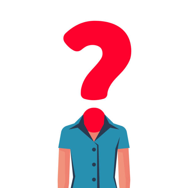 Businesswoman with question mark instead of head Businesswoman with question mark instead of head. Female in front of whom the big problems and solution issues. Vector illustration flat design. Isolated on white background. anonymous interview stock illustrations