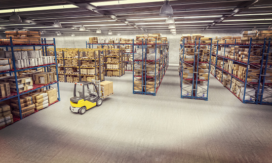 view of a warehouse full of goods and a forklift in action. 3d image render. trade and logistics concept.