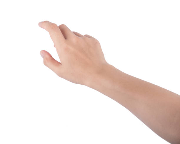 istock Woman hand touching screen Isolated on white background 1143059147