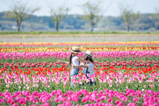 istock Mother and daughter playing in the flower field 1143063708