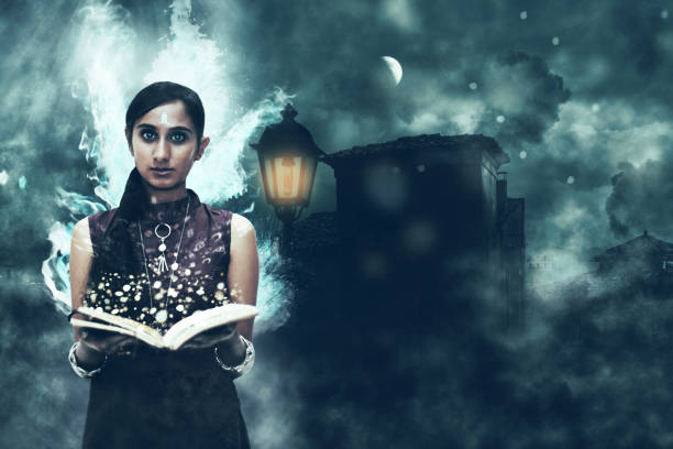 Artwork of a beautiful female enchanter casting spells at night.