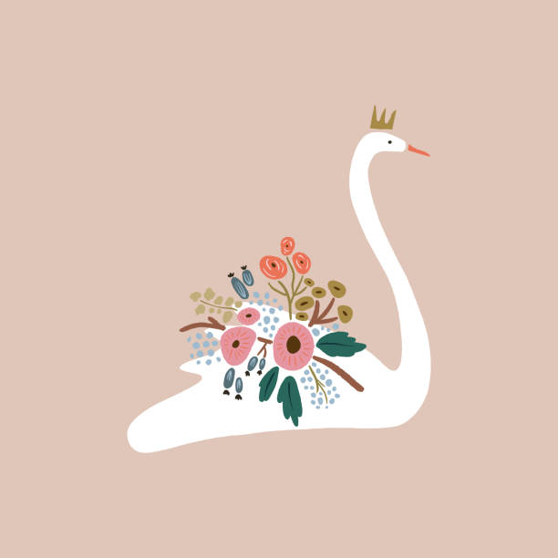 ilustrações de stock, clip art, desenhos animados e ícones de beautiful white swan princess or queen with crown - swan princess cartoon crown