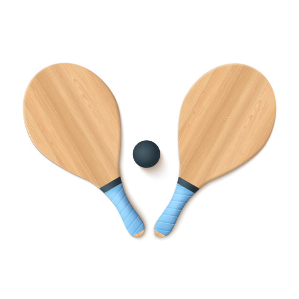 목조 해변 박쥐 - tennis racket ball isolated stock illustrations