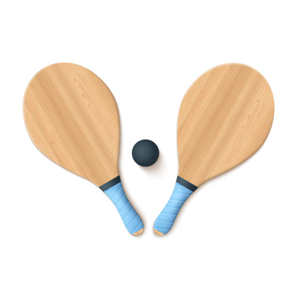Wooden Beach Bats Wooden Beach Bats And Ball Isolated On White. Vector Photo Realistic llustration racquet stock illustrations