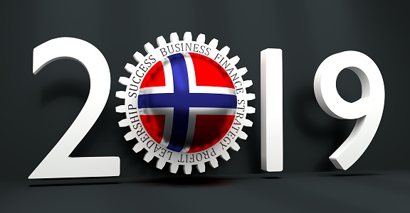 Cog wheel with Norway flag. Precision machinery relative backdrop. 2019 year number. 3D rendering