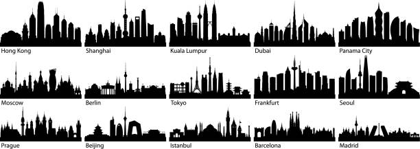 ilustraciones, imágenes clip art, dibujos animados e iconos de stock de ciudades - skyline madrid