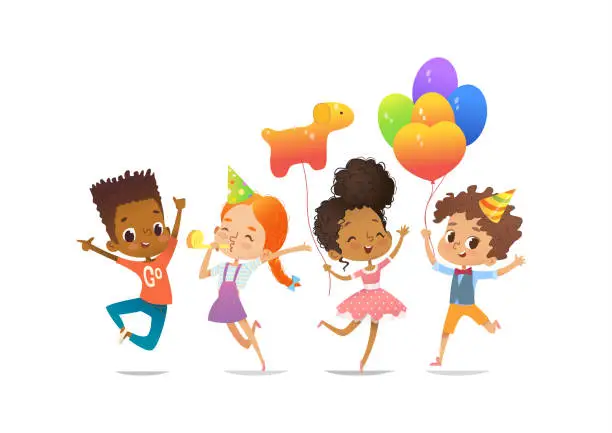 Vector illustration of Excited multiracial boys and girls with the balloons and birthday hats happily jumping with their hands up. Birthday party Vector illustration for website banner, poster, flyer, invitation. Isolated.