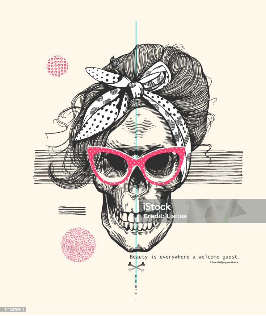 Women's skeleton skull in pop art style wearing cool sunglasses with fashionable hairstyle and scarf against abstract background. Vector illustration can be used as t-shirt print, poster, postcard etc Women's skeleton skull in pop art woodcut style wearing cool sunglasses with fashionable hairstyle and scarf against abstract background. Vector illustration can be used as t-shirt print, poster, postcard etc Skull stock vector