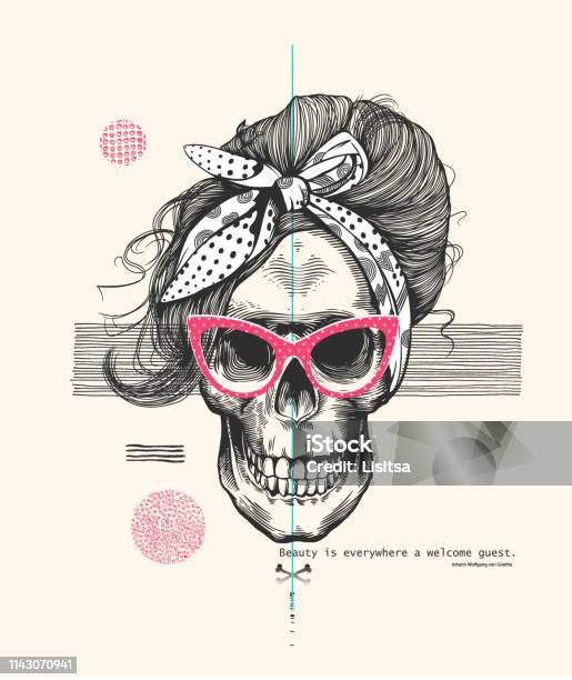 Womens Skeleton Skull In Pop Art Style Wearing Cool Sunglasses With Fashionable Hairstyle And Scarf Against Abstract Background Vector Illustration Can Be Used As Tshirt Print Poster Postcard Etc Stock Illustration - Download Image Now