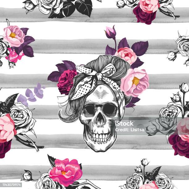 Ilustración de Patrón Hipster Sin Costuras Con Siluetas De Cráneo Rosas De Flores Y Rayas De Ilustración de Patrón Hipster Sin Costuras Con Siluetas De Cráneo Rosas De Flores Y Rayas De