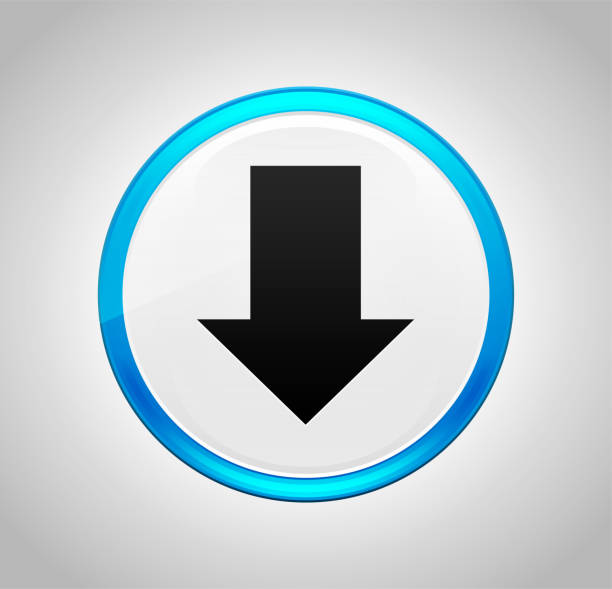 illustrazioni stock, clip art, cartoni animati e icone di tendenza di pulsante di pressione blu rotondo dell'icona di download - interface icons push button downloading symbol