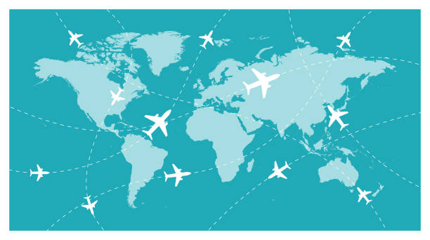 ilustraciones, imágenes clip art, dibujos animados e iconos de stock de mapa mundial y aerolínea global-vector - direction air vehicle commercial airplane equipment