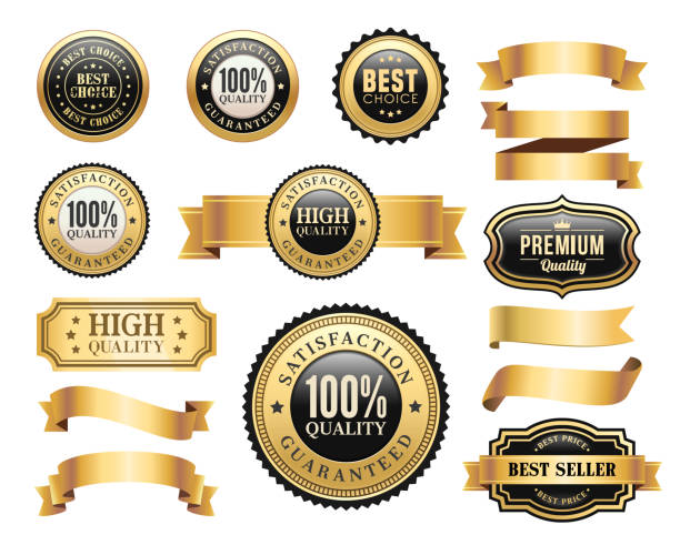 ilustrações, clipart, desenhos animados e ícones de emblemas e fitas do ouro ajustados - computer icon symbol quality control elegance