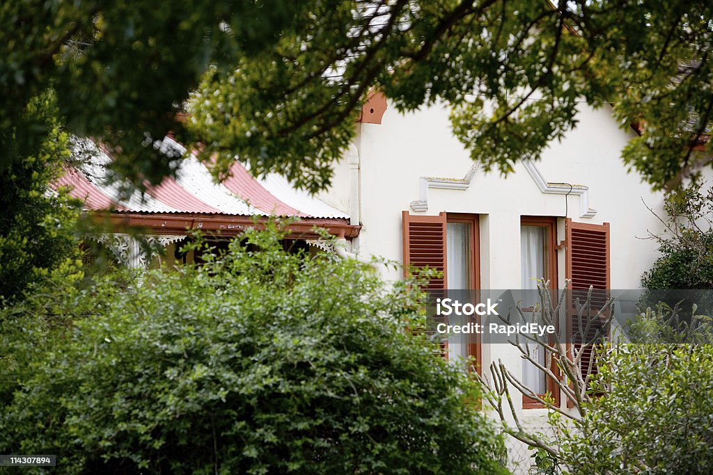 Victorian house (XLarge) Victorian house with shutters and striped corrugated-iron roof, seen through shrubbery. 19th Century Stock Photo