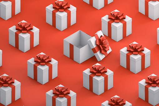 3d render Gift Boxes with isometric projection. Minimal Christmas, Party concept.