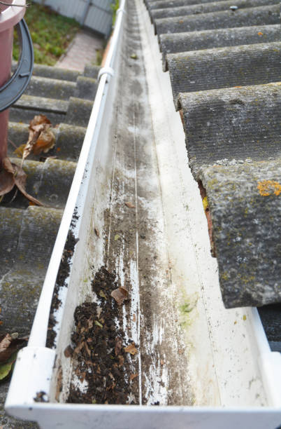 istock Rain gutter cleaning from dirt and leaves. Roof gutter cleaning Tips. Gutter cleaning. 1143079981