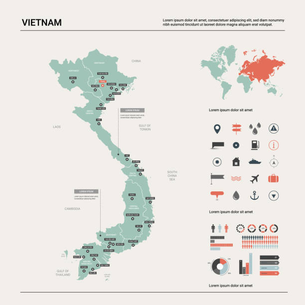 Vector map of Vietnam.  High detailed country map with division, cities and capital Hanoi. Political map,  world map, infographic elements. Vector map of Vietnam.  High detailed country map with division, cities and capital Hanoi. Political map,  world map, infographic elements. vietnam stock illustrations