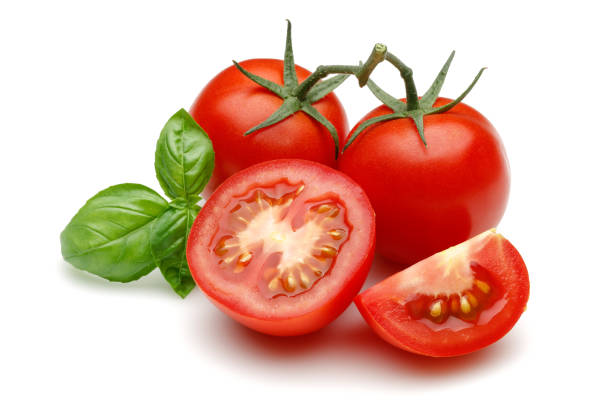 istock Fresh tomatoes and basil leaves isolated on white 1143082720
