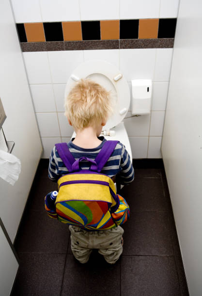urinals in public restroom for men in blue style