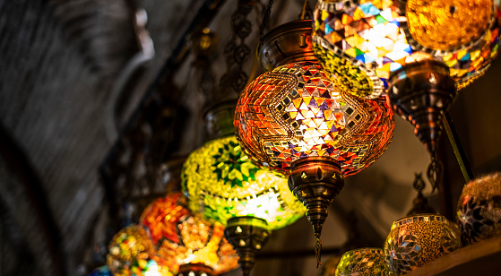 Colorful decorative mosaic lamps consisting of Ottoman style traditional motifs