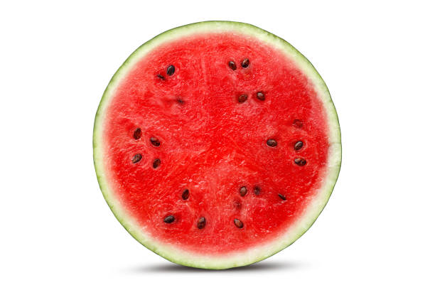 half watermeloen met geïsoleerd op wit - snijden fotos stockfoto's en -beelden